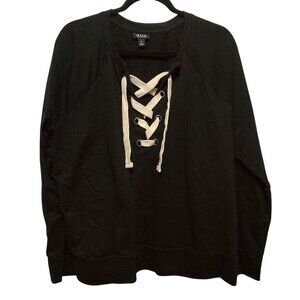 a.n.a. Solid Black Long Sleeve Notch Neck Lacing Sweatshirt XL